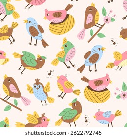 Colorful Birds Seamless Pattern. Whimsical cartoon Songbird Sparrow Finch with Nest Branch Flying Singing. Childish Wildlife Nature Background. Vector illustration