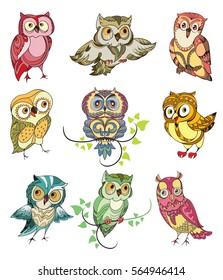 Colorful birds set of cute owls with different emotions on white background isolated vector illustration