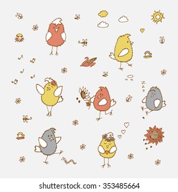 Colorful Birds set. Hand drawn doodles cute fluffy chicks - vector illustration
