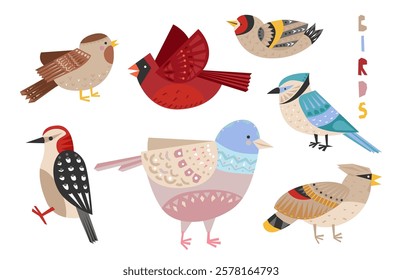 Colorful birds set in traditional native Scandinavian folk style with hygge motifs ornaments. Nordic wild forest and park garden habitants with classic ethnic print elements vector illustration