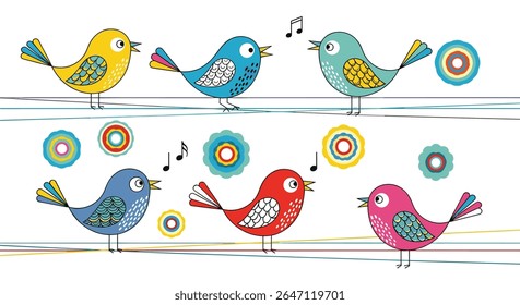 Pássaros coloridos cantando juntos ilustração bonito e encantador com acentos florais e notas musicais