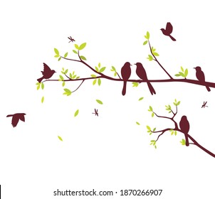 colorful Birds sitting on beautiful trees isolated on white background