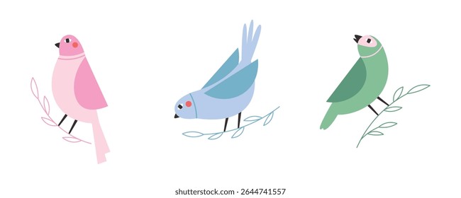 Colorful birds sitting on branches. Hand drawn spring birds set of illustrations or stickers.