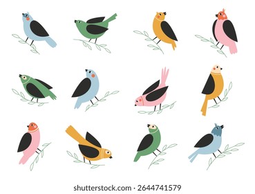 Colorful birds sitting on branches. Hand drawn spring birds large set of illustrations or stickers.