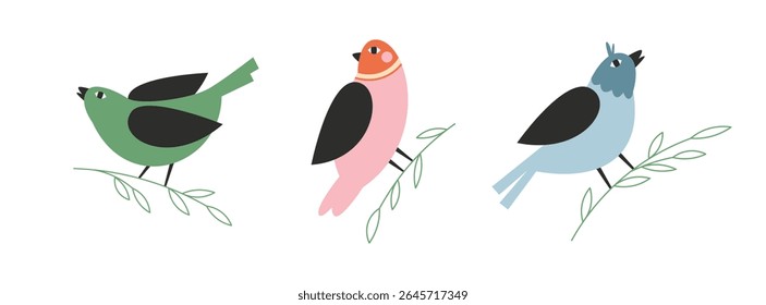 Colorful birds sitting on branches. Hand drawn spring birds set of illustrations or stickers.