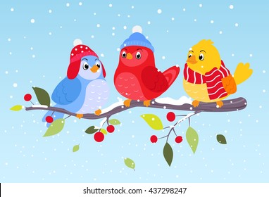 Colorful birds in winter scene 