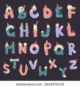 Colorful birthday alphabet in cartoon style with candles, frosting, and party hats. Perfect for kids’ party designs, greeting cards, and festive typography. Editable vector.