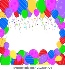 Colorful birthday background with balloons and confetti. Flat style greeting card. vector illustration