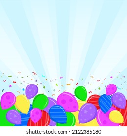 Colorful birthday background with balloons and confetti. Flat style greeting card. vector illustration