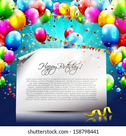 Colorful birthday background with balloons and empty paper