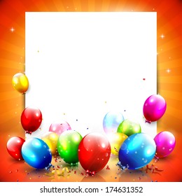 Colorful birthday background with empty paper and balloons 