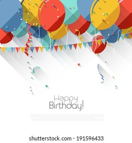 Colorful birthday background with flying balloons and copyspace in flat design style