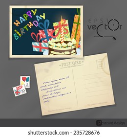 Colorful Birthday Background. Old Postcard Design, Template. Vector Illustration