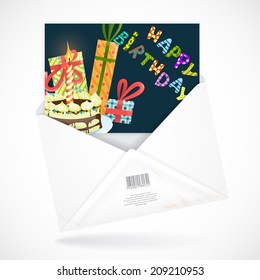 Colorful Birthday Background. Postal Envelopes With Greeting Card. Vector Illustration