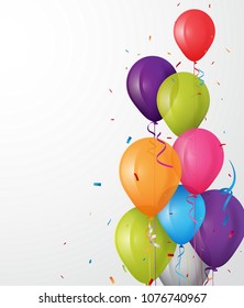Colorful birthday balloon with bunting flags and confetti