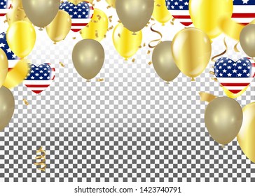 Colorful birthday balloon with bunting flags and confetti