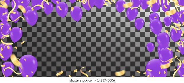 Colorful birthday balloon with bunting flags and confetti