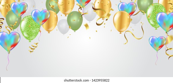 Colorful birthday balloon with bunting flags and confetti