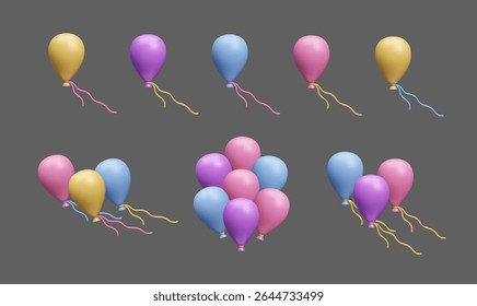 Colorful birthday balloons 3D style vector bundle. Big set of different colorful balloons composition. Surprise birthday party decor, gender reveal party, anniversary celebration realistic 3D icon set