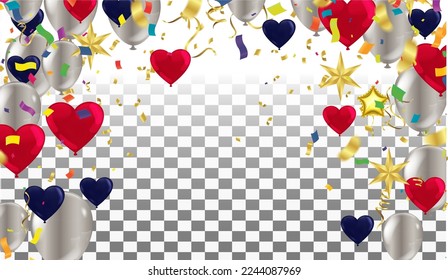 Colorful birthday balloons and confetti on sky background, illustration vector background with place for your text
