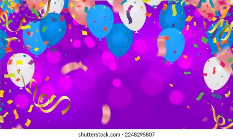 Colorful birthday balloons and confetti on sky background, illustration vector background with place for your text
