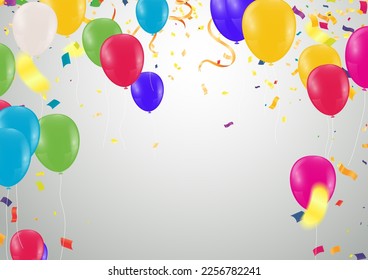 Colorful birthday balloons and confetti on sky background, illustration vector background with place for your text
