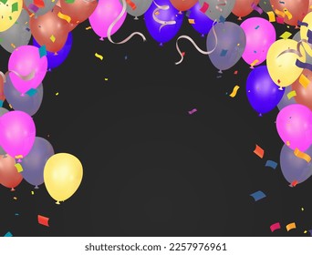 Colorful birthday balloons and confetti on sky background, illustration vector background with place for your text
