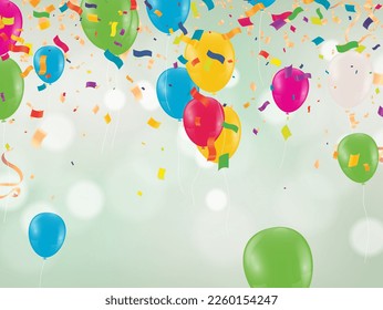 Colorful birthday balloons and confetti on sky background, illustration vector background with place for your text

