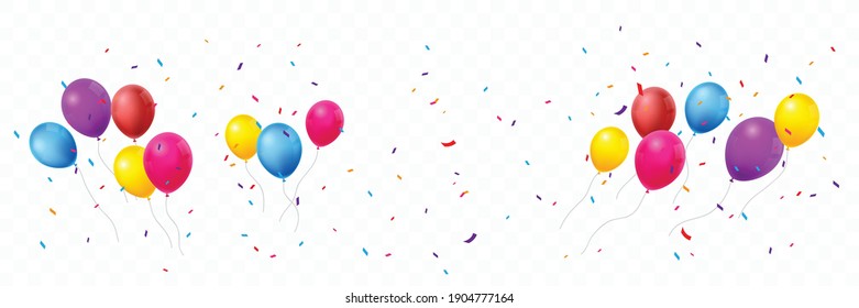 Colorful birthday balloons with confetti and ribbon