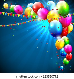 Colorful birthday balloons on blue background