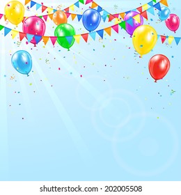 Colorful birthday balloons, pennants, tinsel and confetti on sky background, illustration.