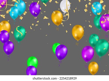 Colorful birthday balloons, pennants, tinsel and confetti on sky background with space for text. eps.10
