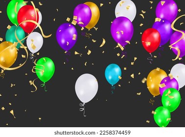 Colorful birthday balloons, pennants, tinsel and confetti on sky background with space for text. eps.10
