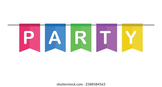 Colorful birthday banner with triangular flags in different colors hanging on strings creates a cheerful atmosphere.