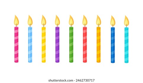 Colorful birthday burning candles for holiday cake isolated on white background.