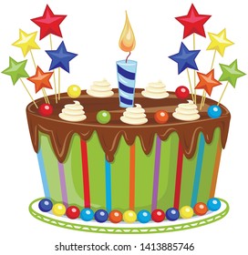 Сute colorful birthday cake with candle