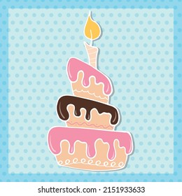 Colorful birthday cake with candle. Hand drawn outline illustration using doodle art