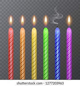Colorful Birthday cake candles. Candles with burning flames of wax paraffin, Vector EPS 10 illustration