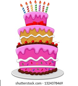 Colorful Birthday cake with candles isolated on white background