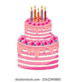 Colorful Birthday Cake with Candles. Two tiered pink birthday cake with striped frosting, decorative swirls, blueberries, and lit candles. Celebration and party design concept.