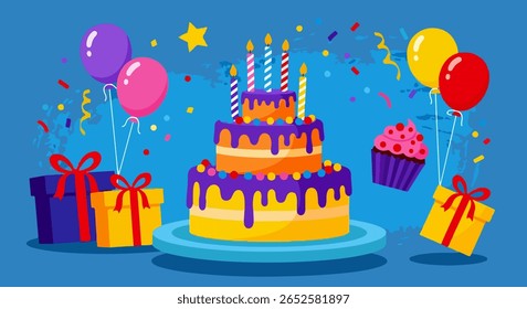 Celebração colorida do bolo de aniversário com balões, presentes e decorações festivas — Ilustração alegre da ocasião
