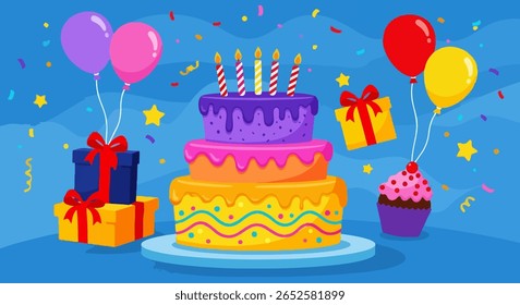 Celebração colorida do bolo de aniversário com balões, presentes e decorações festivas — Ilustração alegre da ocasião