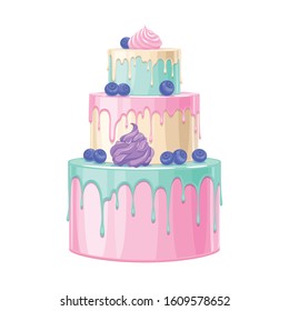 Colorful birthday cake decorated with berries vector illustration. Bakery icon.