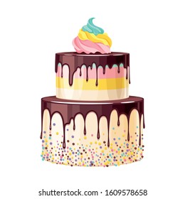 Colorful birthday cake decorated with melted chocolate vector illustration. Bakery icon.