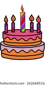 Colorful birthday cake illustration with lit candles on top, without numbers. Perfect for general birthday themes, party invitations, celebration decorations, or kids’ printable designs.