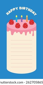 Colorful birthday cake illustration with strawberries and candles, featuring 'Happy Birthday' text on a bright blue background. Perfect for greeting cards, invitations, and celebration designs.