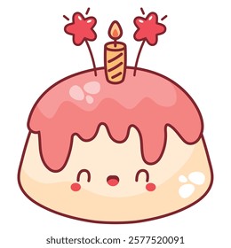 A colorful birthday cake with lit candle and cream layers in cartoon style