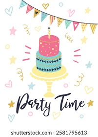 Colorful birthday cake with a lit candle sitting on a cake stand, surrounded by festive decorations and the words Party Time, creating a cheerful and celebratory atmosphere