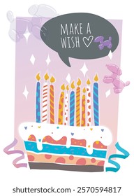 Colorful birthday cake with lit candles, playful patterns, and a speech bubble saying Make a Wish on a pastel background. Celebration concept. Vector illustration