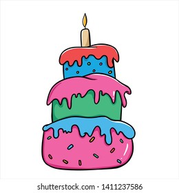 Colorful birthday cake with outline using doodle art. Isolated on white background and transparent objects. Great for menu, poster or label, web, logo, decoration, icon, and more.